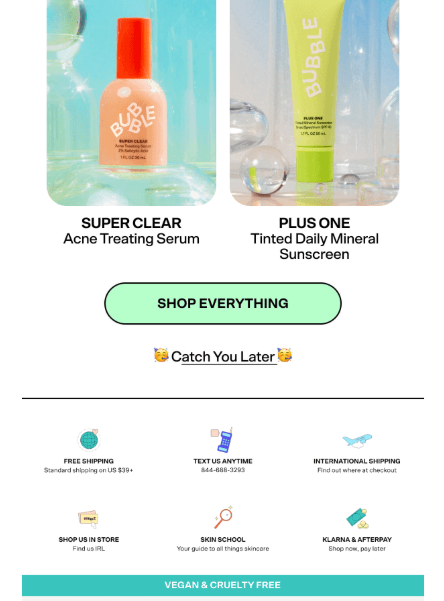 Bubble Skincare email footer showing social media links and brand personality with clean skincare focus